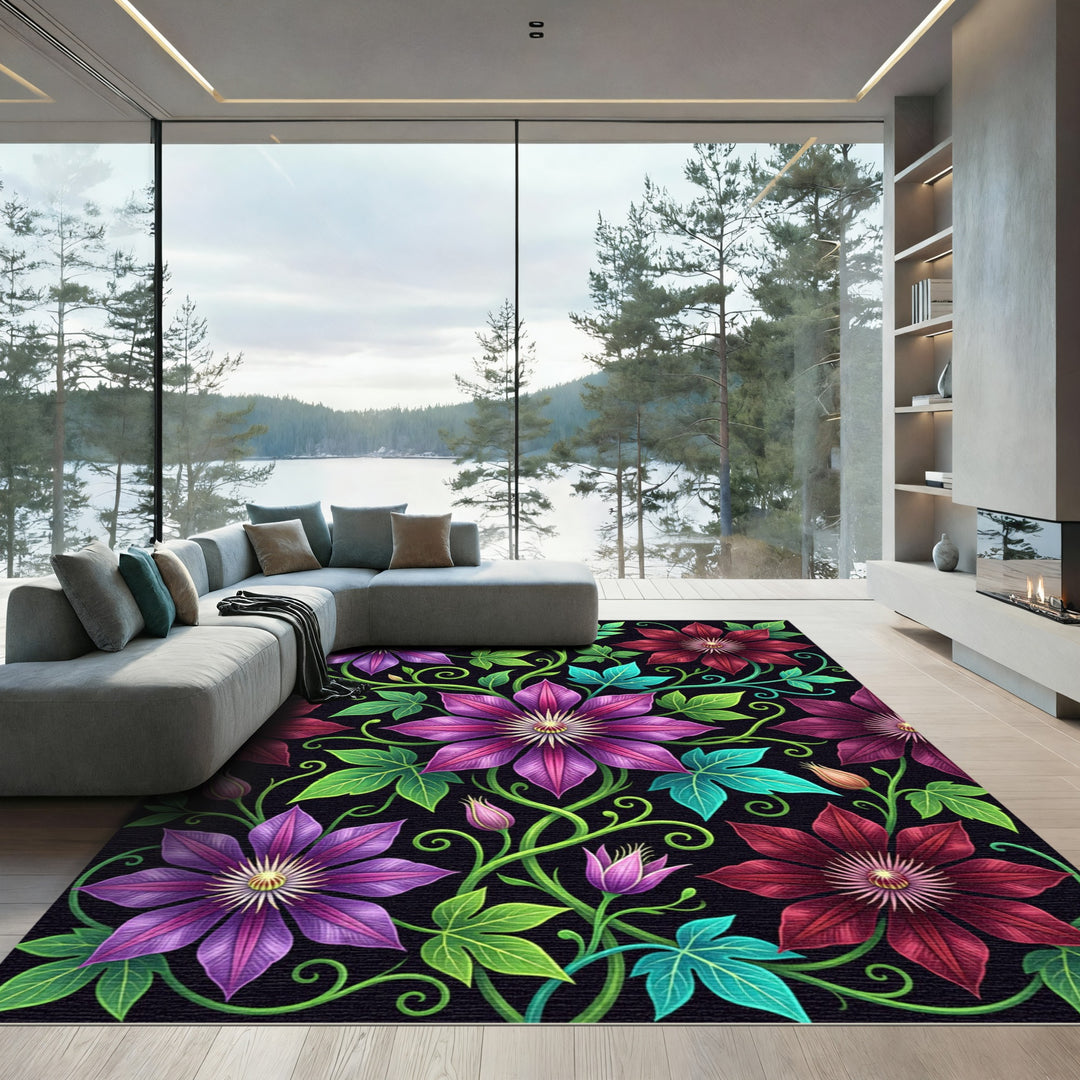 Vibrant Purple Burgundy Floral Swirl Rug