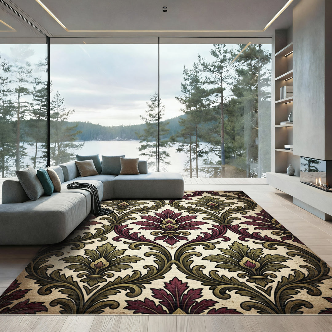 Vintage Burgundy Verdant Damask Rug