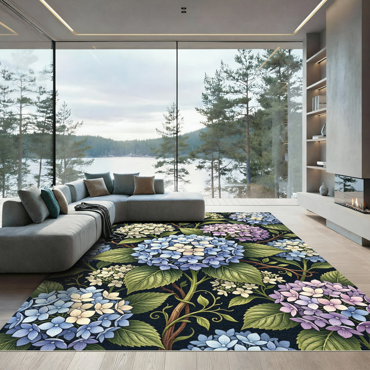 Blue White Purple Hydrangea Botanical Rug