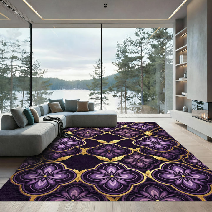Elegant Purple Clover Gold Inlay Rug