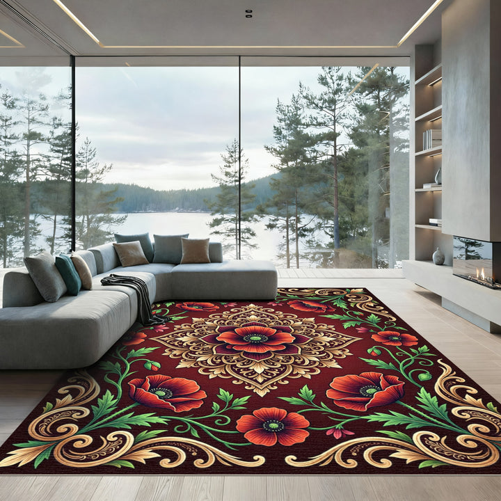 Ornate Red Poppy Floral Medallion Rug