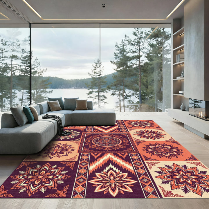 Orange Plum Floral Medallion Patchwork Rug
