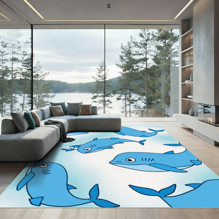 Whimsical Blue Whales Ocean Swirl Rug