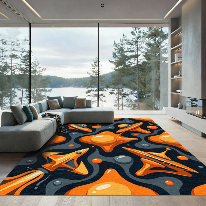Orange Spaceship Galaxy Abstract Art Rug