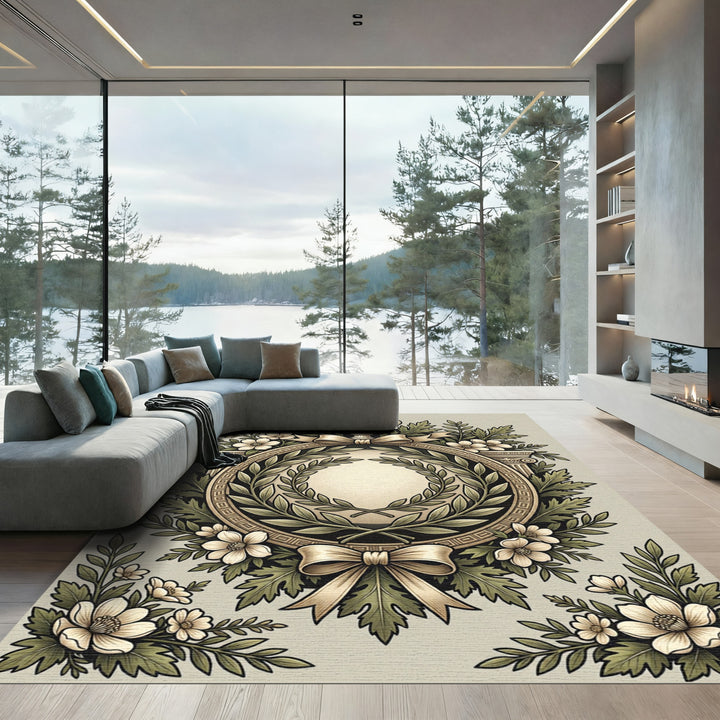 Elegant Laurel Wreath Floral Crest Rug