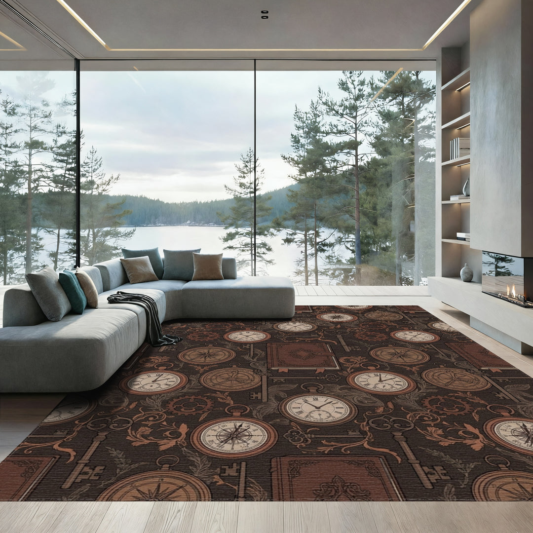Brown Vintage Compass Pocket Watch Keys Rug