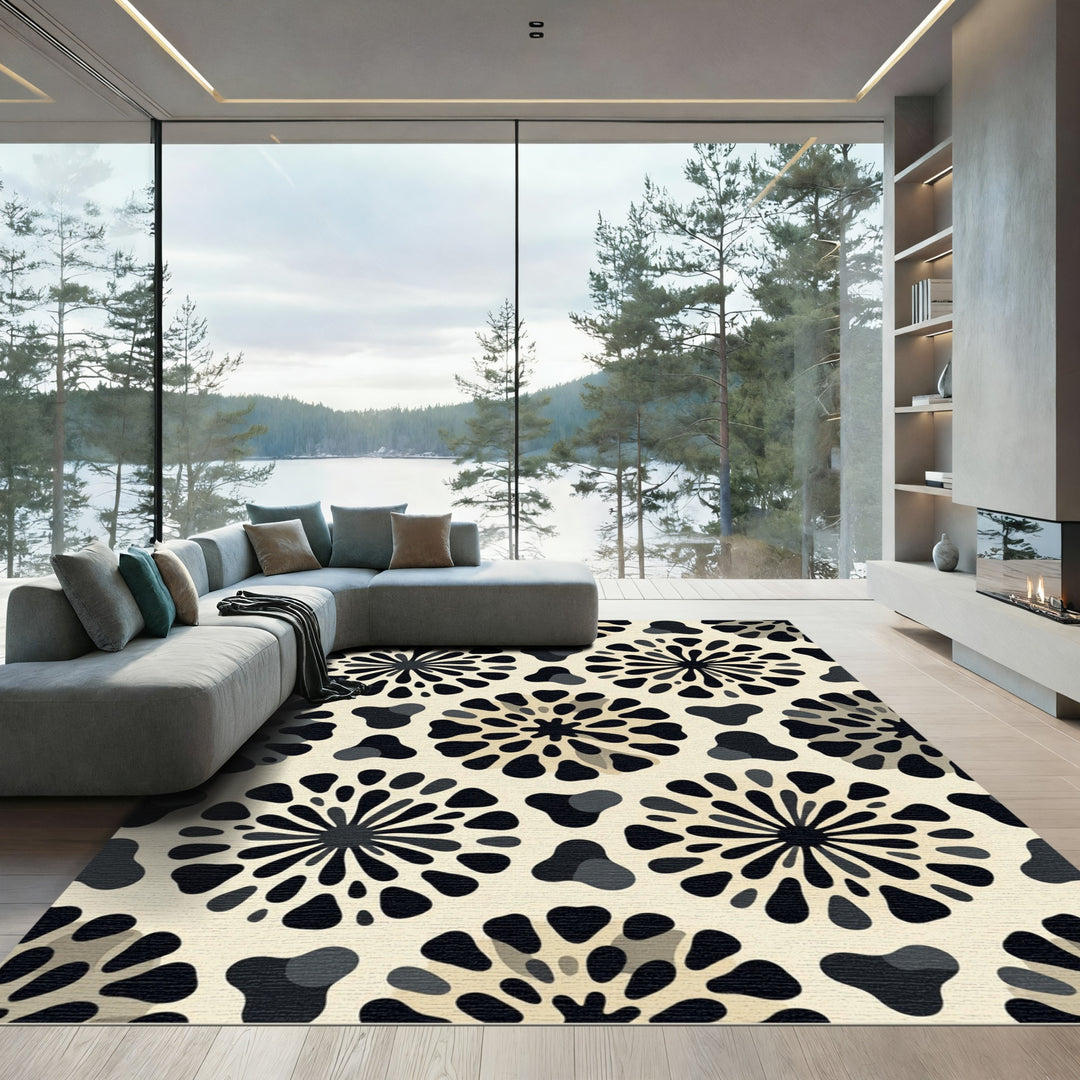 Black and Beige Sunburst Bloom Rug