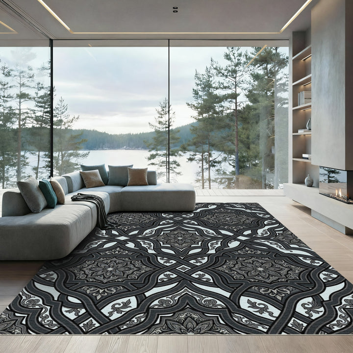 Ornate Dark Gray Interlocking Mandala Rug