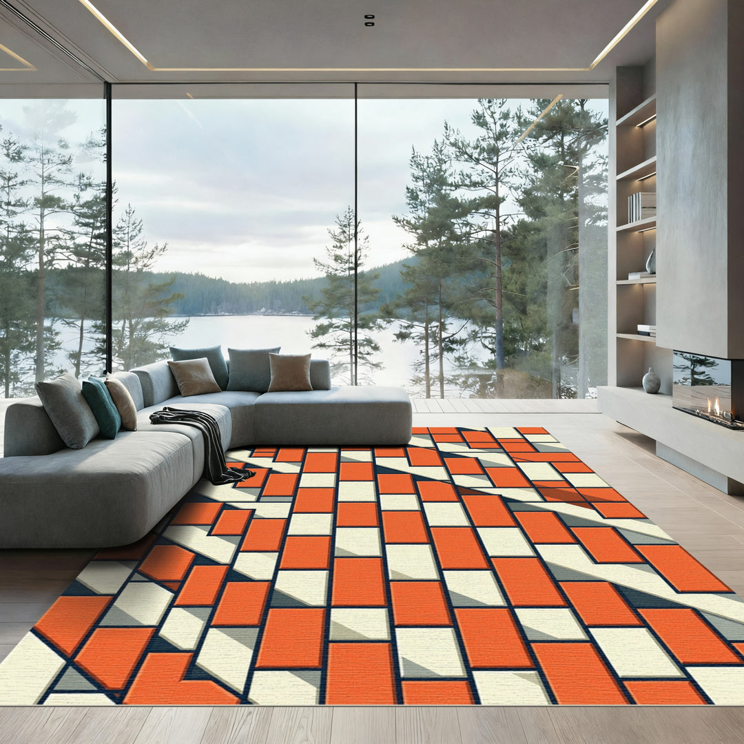 Orange White Geometric Composition Rug