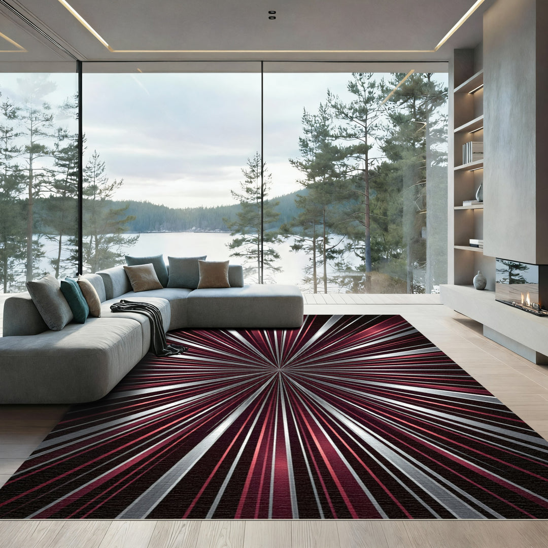 Radiant Crimson Silver Burst Rug