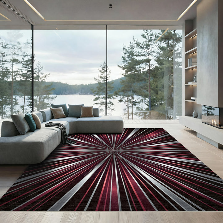 Radiant Crimson Silver Burst Rug