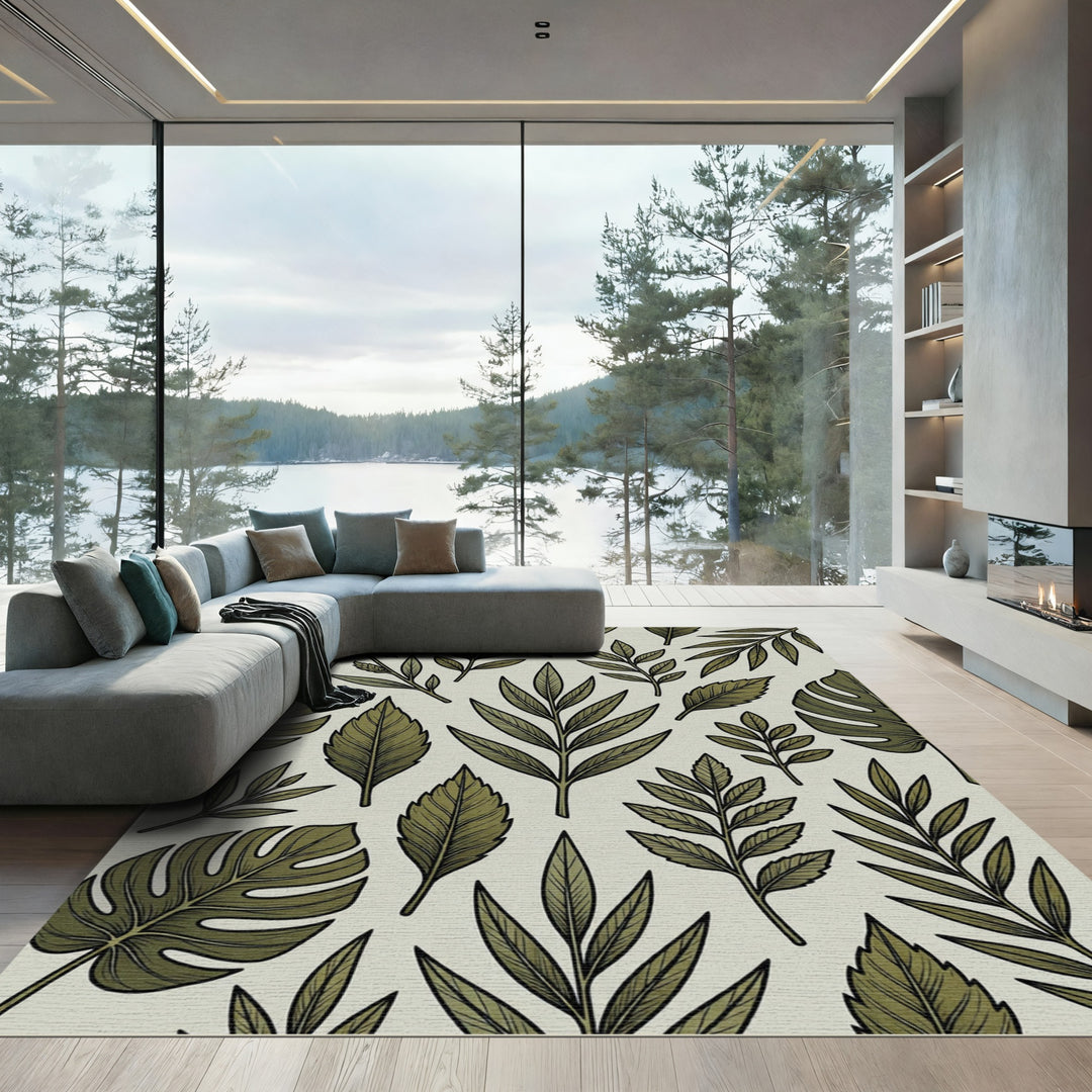 Olive Green Botanical Leaf Illustration Rug