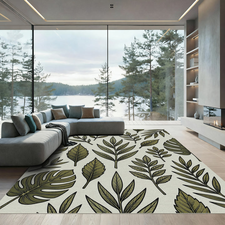 Olive Green Botanical Leaf Illustration Rug