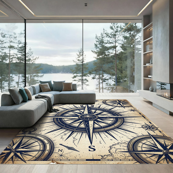 Vintage Nautical Compass Rose Map Rug