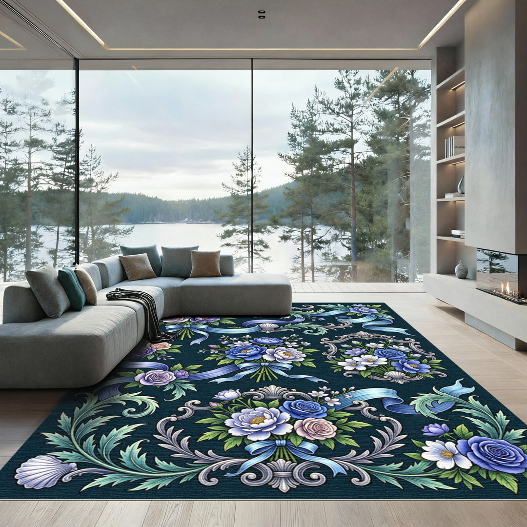 Ornate Blue Floral Ribbon Garland Rug