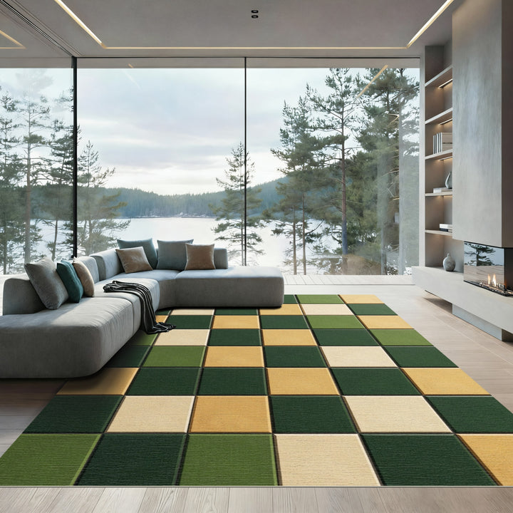Green Yellow Beige Checkered Squares Rug