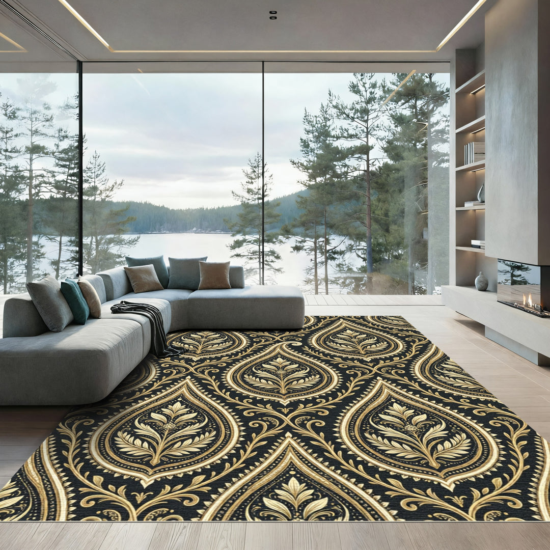 Ornate Paisley Black and Gold Rug