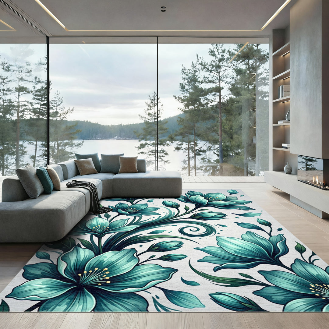 Teal Magnolia Blossom Area Rug