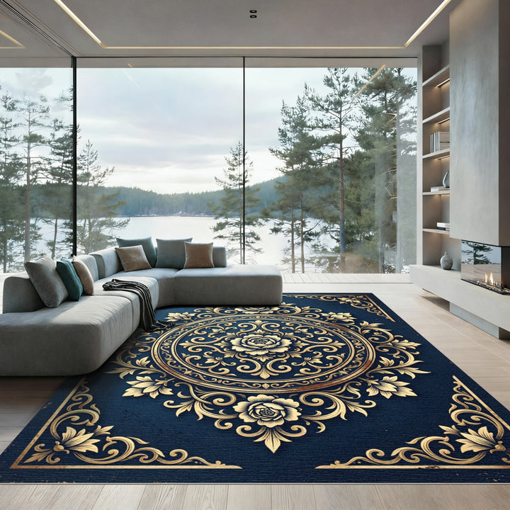 Elegant Gold Flower Mandala Rug