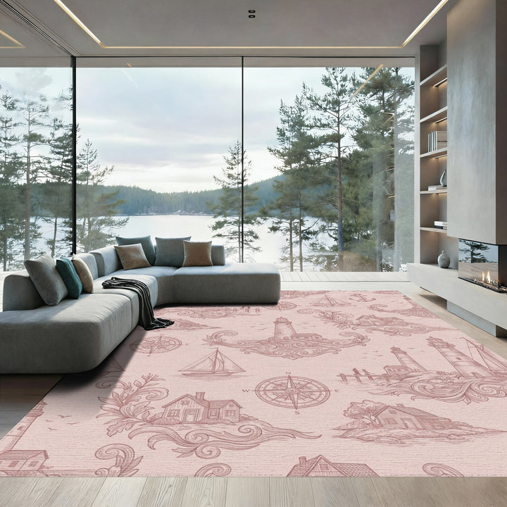 Nautical Theme Lighthouse Sailboat Compass Scene Rug