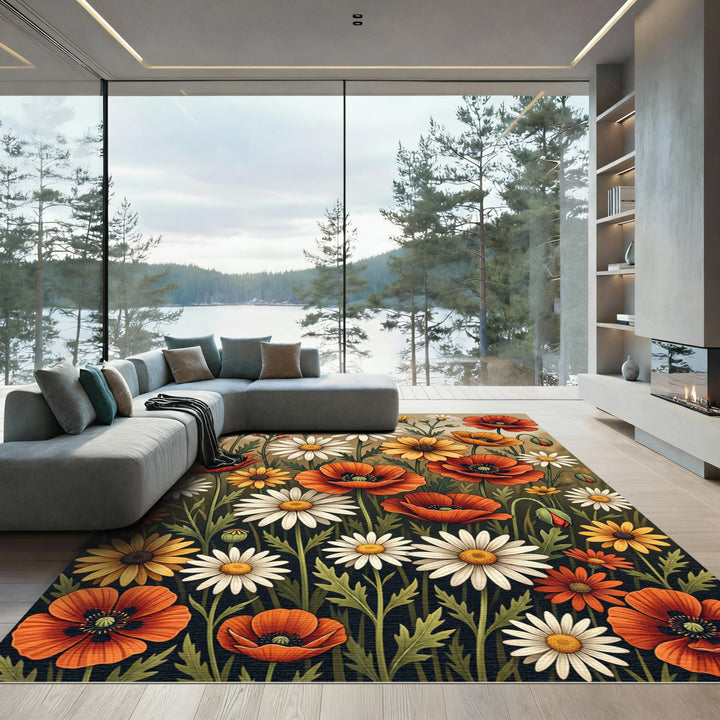 Vibrant Poppy Daisy Floral Meadow Rug