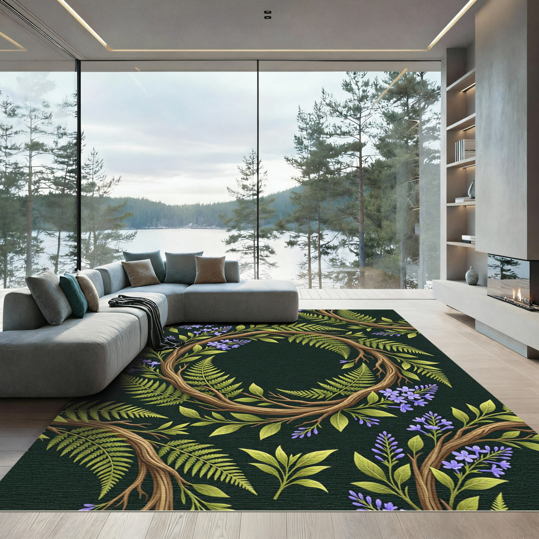 Earthy Woodland Fern Wreath Rug