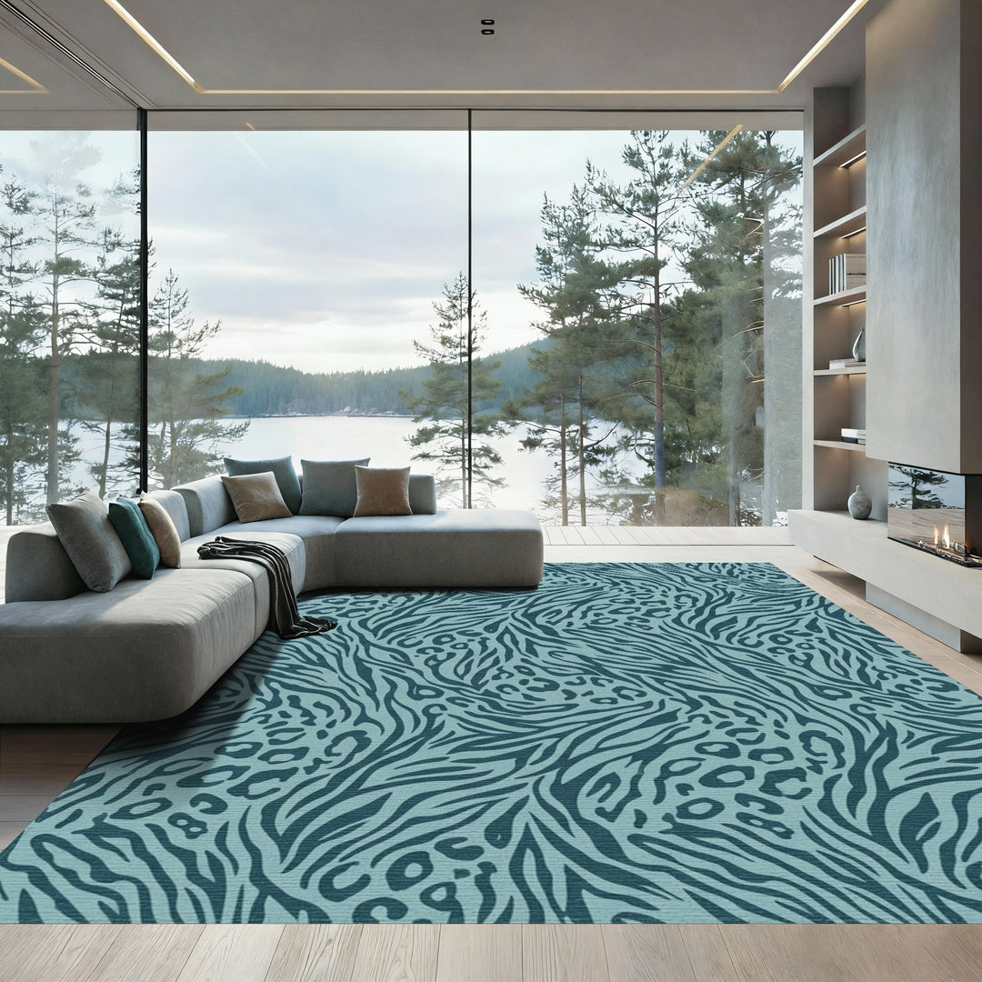 Teal Blue Zebra Leopard Mix Rug