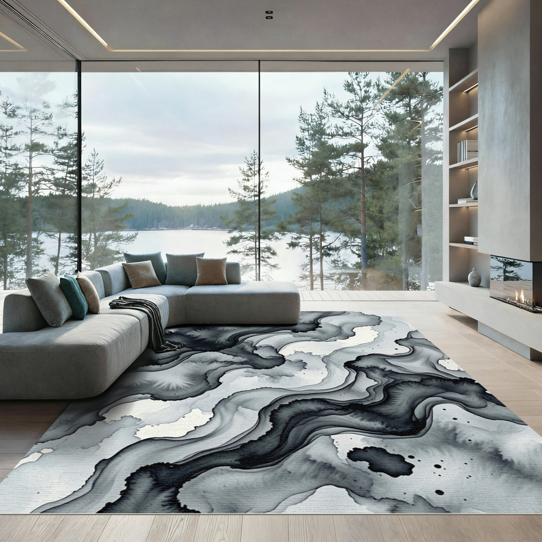 Ink Wash Abstract Black and Gray Rug