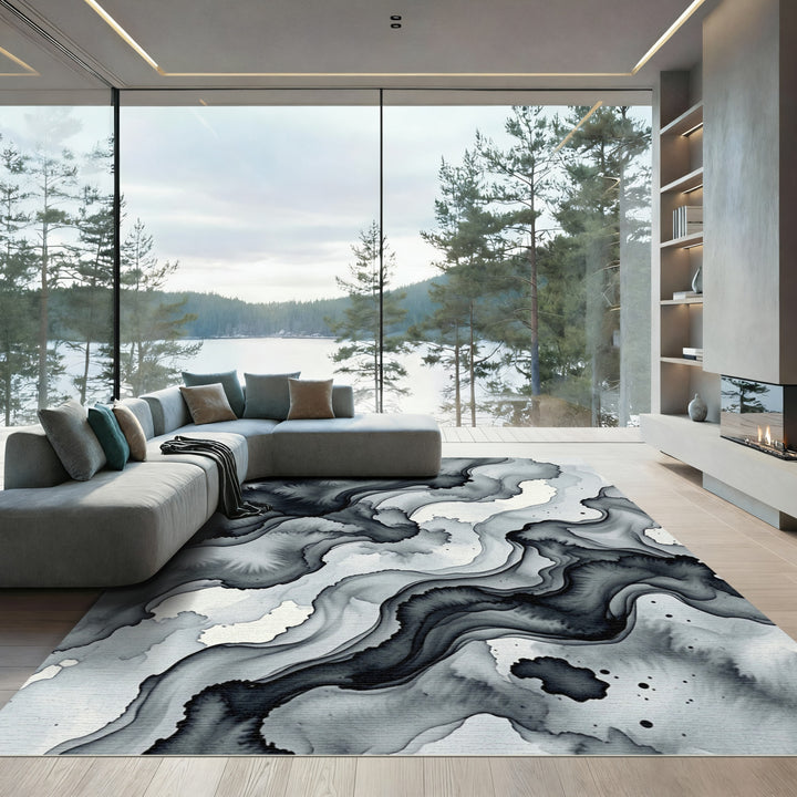 Ink Wash Abstract Black and Gray Rug