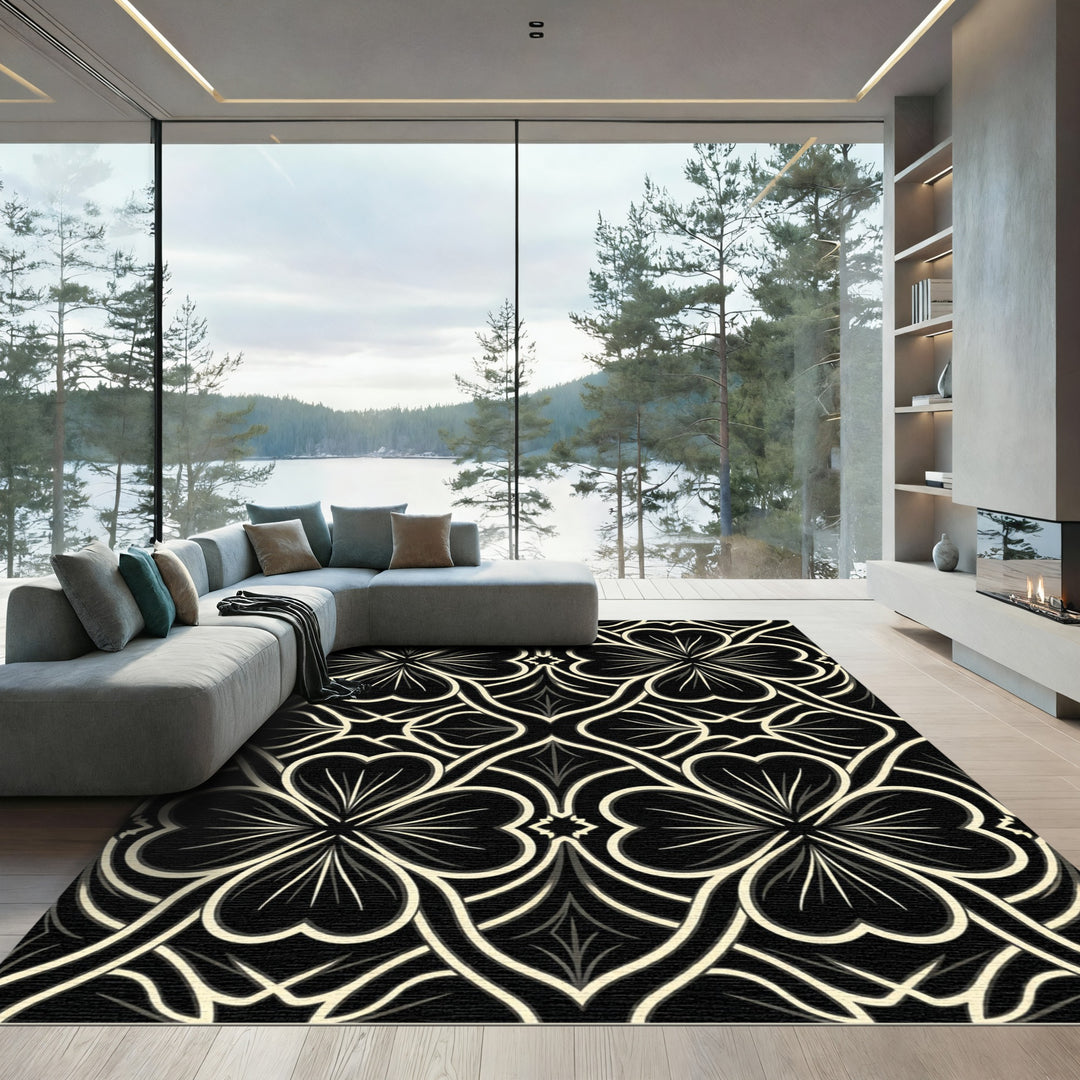 Black Cream Quatrefoil Lattice Rug