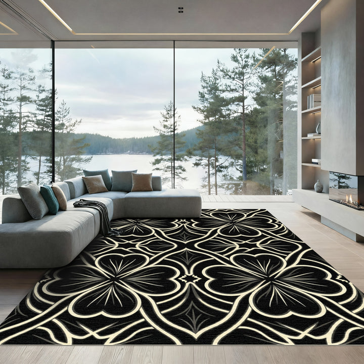 Black Cream Quatrefoil Lattice Rug