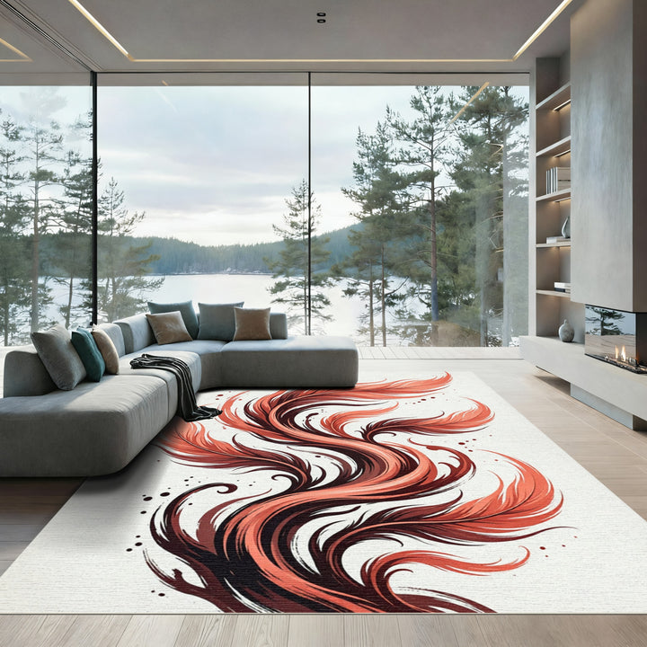 Coral Feather Swirl Abstract Rug