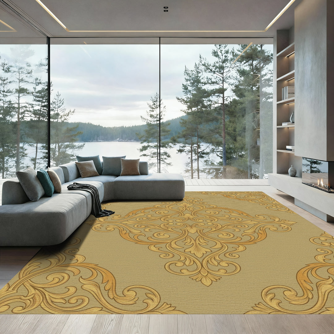 Golden Baroque Scrollwork Rug