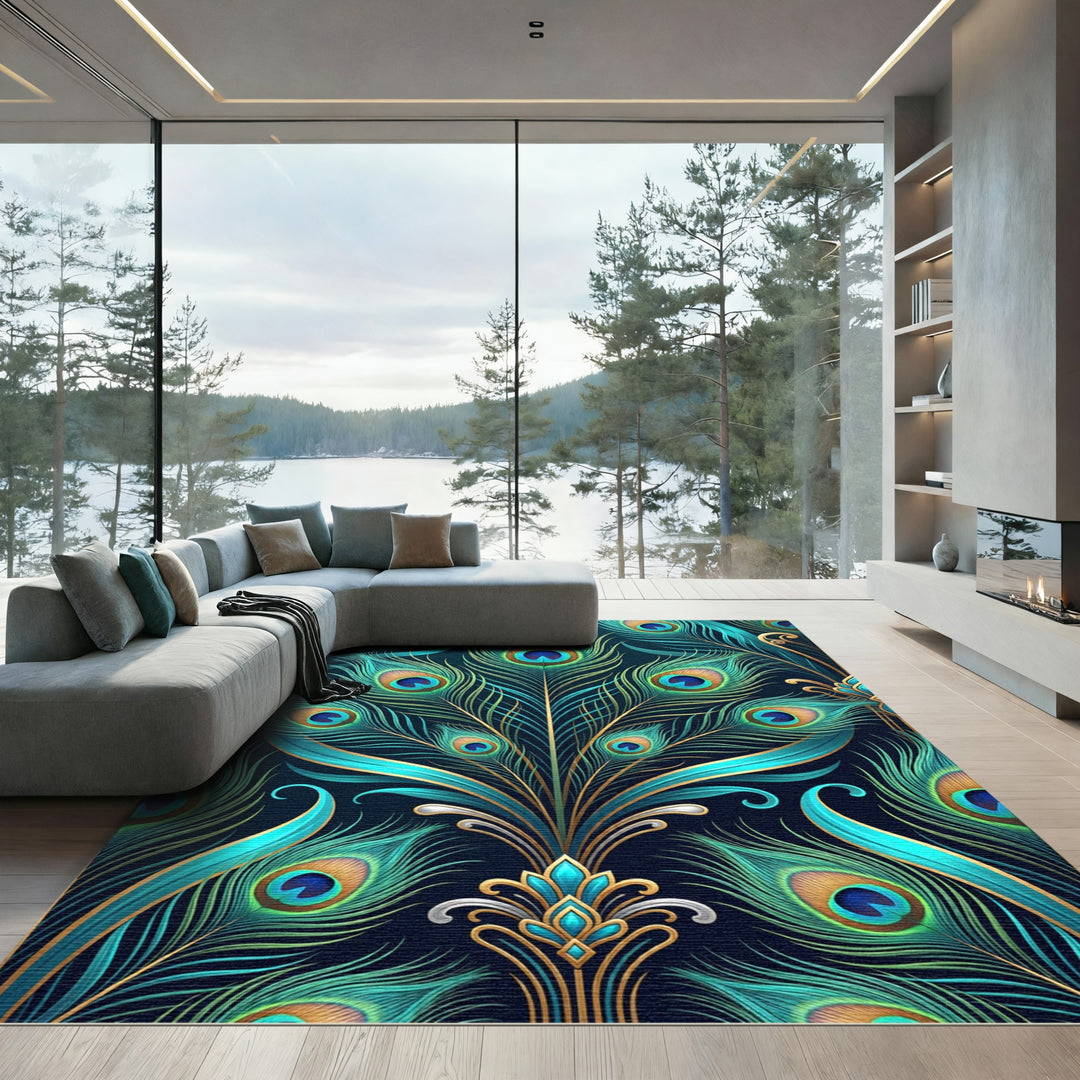 Emerald Peacock Feather Art Deco Rug