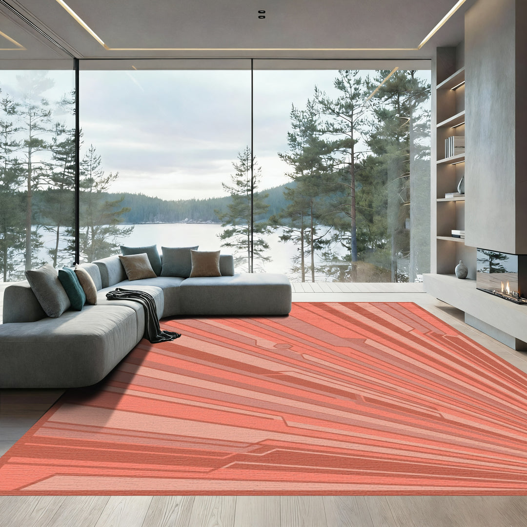 Coral Sunburst Geometric Lines Rug