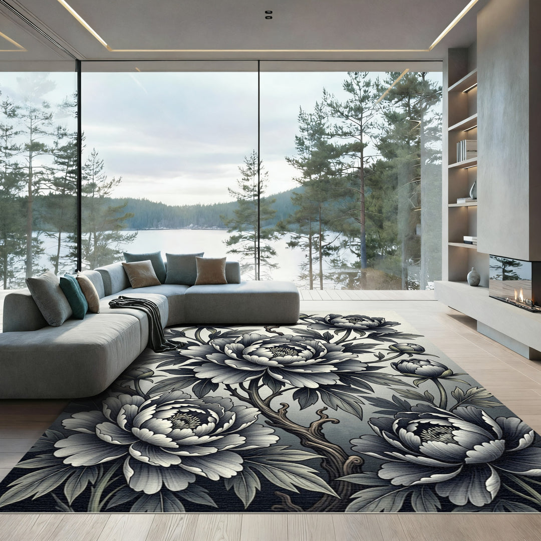 Monochromatic Peony Blossom Garden Rug