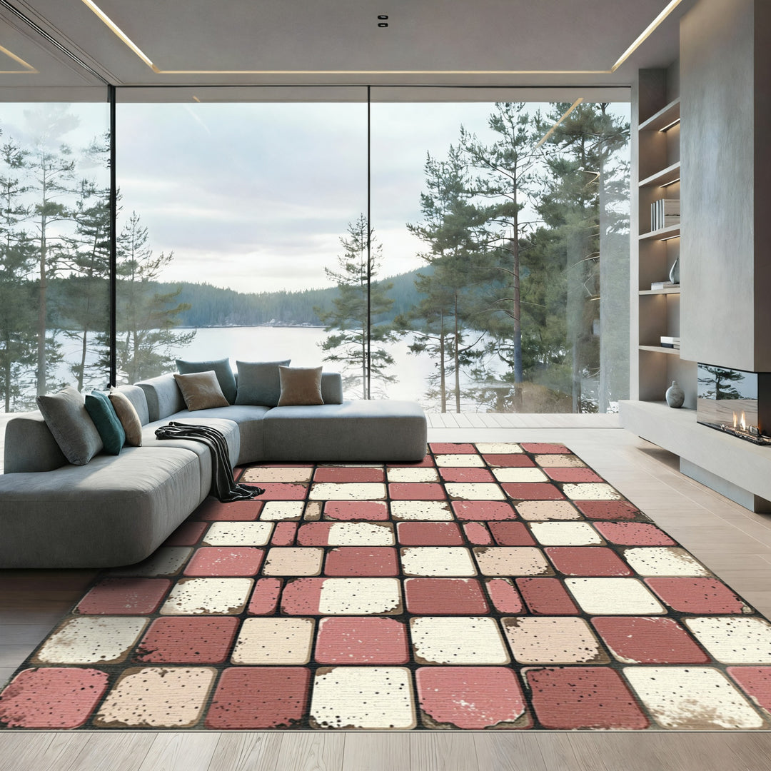 Distressed Pink Checkerboard Square Rug