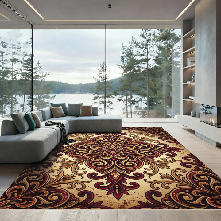 Ornate Burgundy Gold Floral Medallion Rug