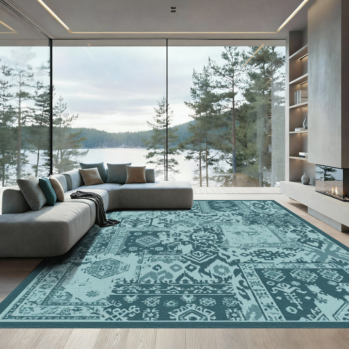 Teal Patchwork Geometric Medallion Rug