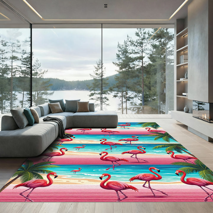 Tropical Pink Flamingos Beach Stripe Rug