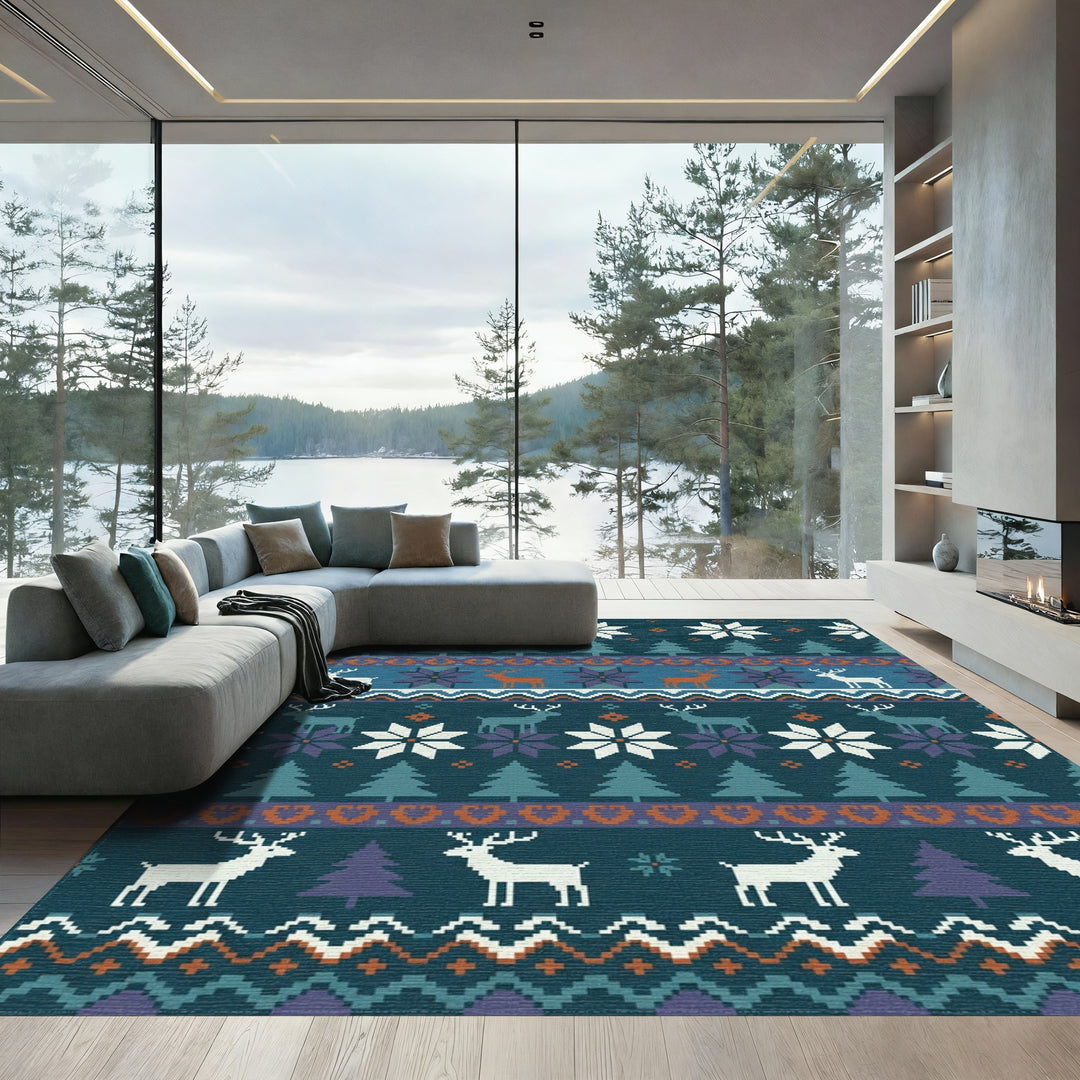 Nordic Reindeer Snowflake Forest Scene Rug