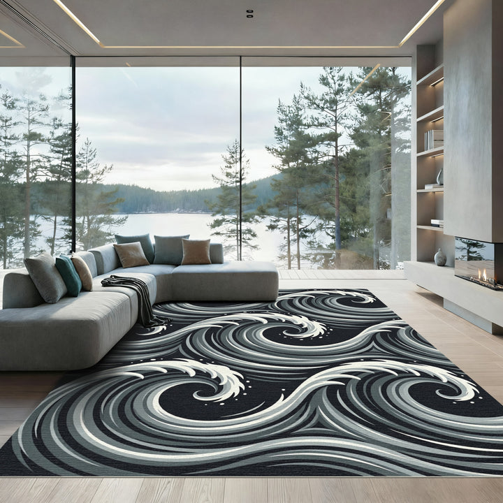 Monochromatic Swirling Ocean Waves Rug