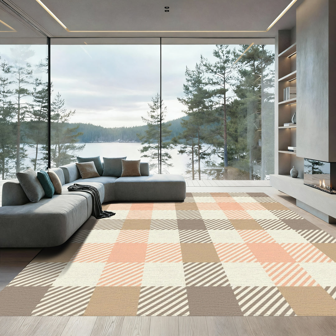 Rustic Peach Plaid Checkered Rug