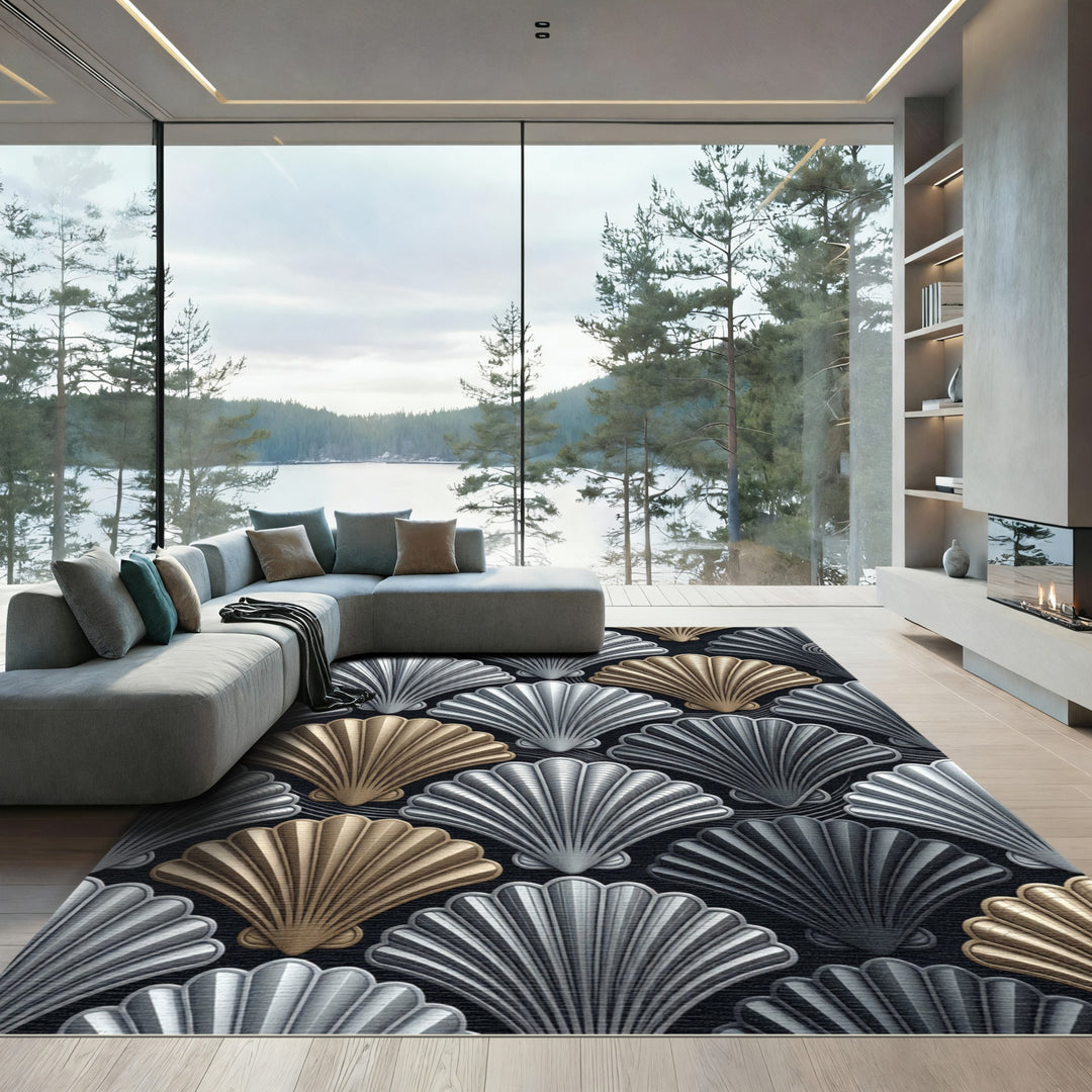 Gold Silver Fan Shell Seamless Rug