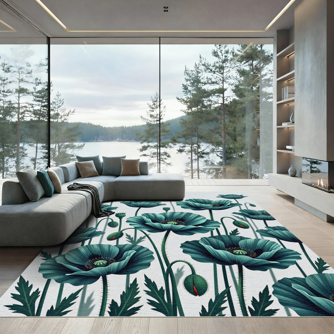 Teal Poppy Bloom Arrangement Rug