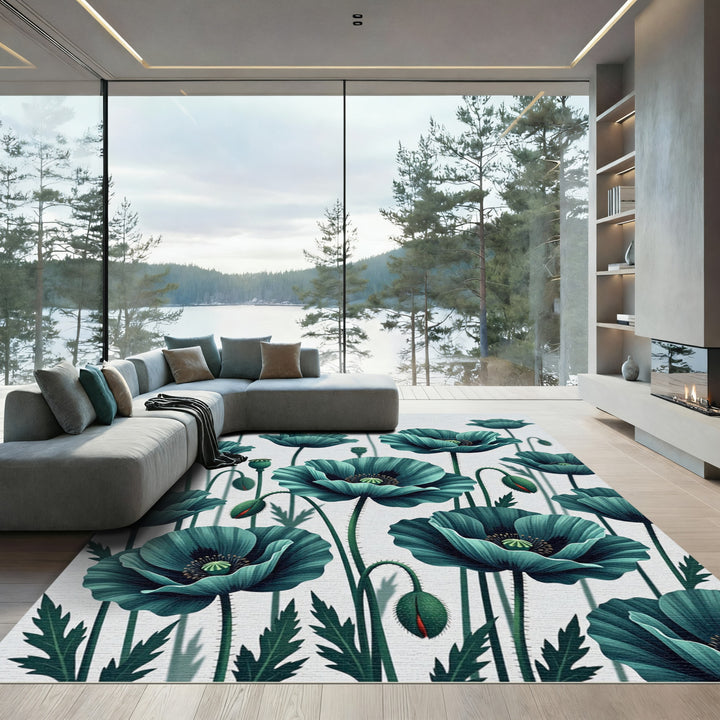 Teal Poppy Bloom Arrangement Rug