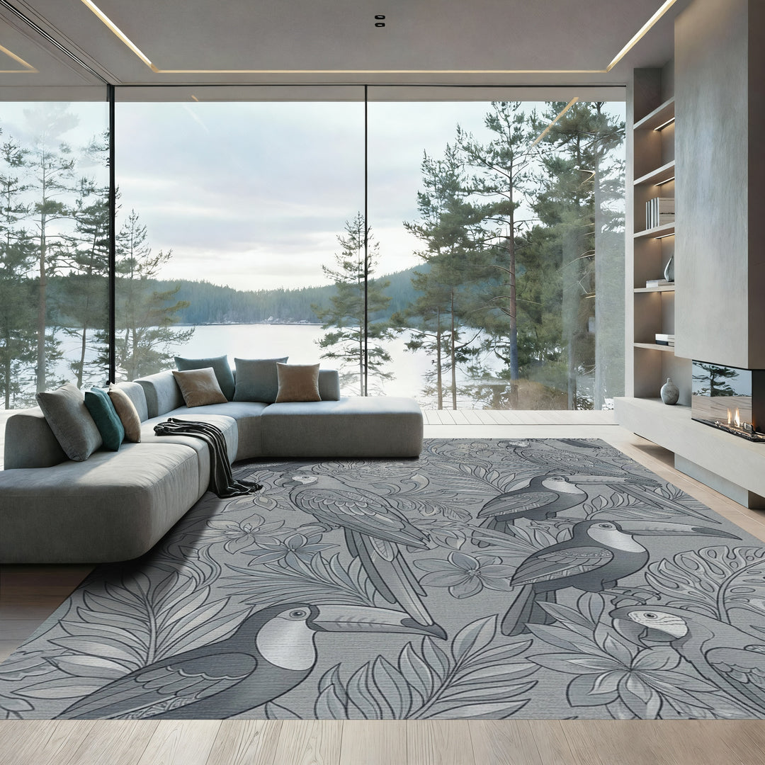 Charcoal Gray Tropical Birds Wallpaper Rug