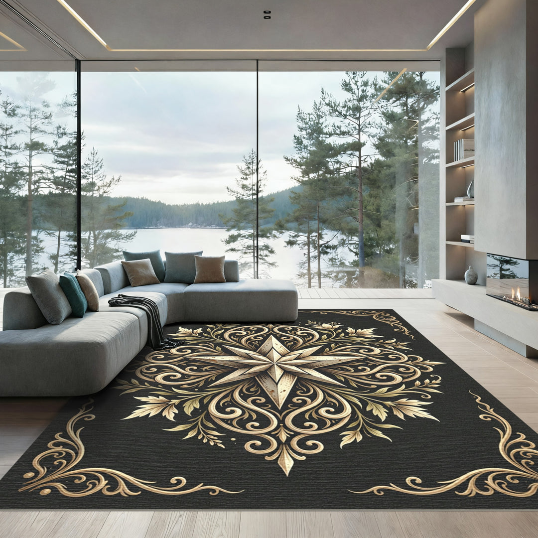 Traditional Golden Starburst Floral Rug