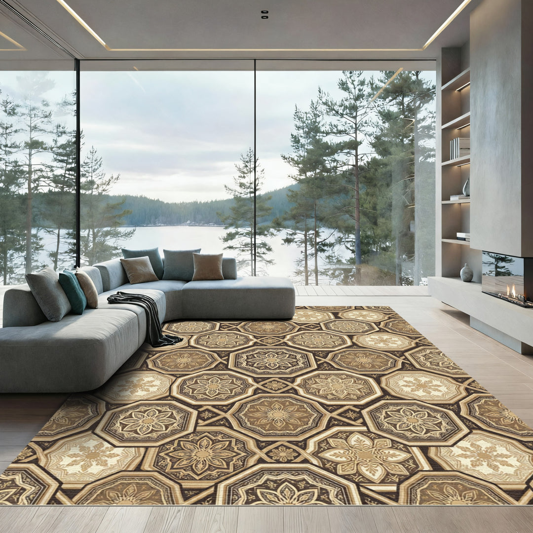 Ornate Brown Octagon Floral Rug