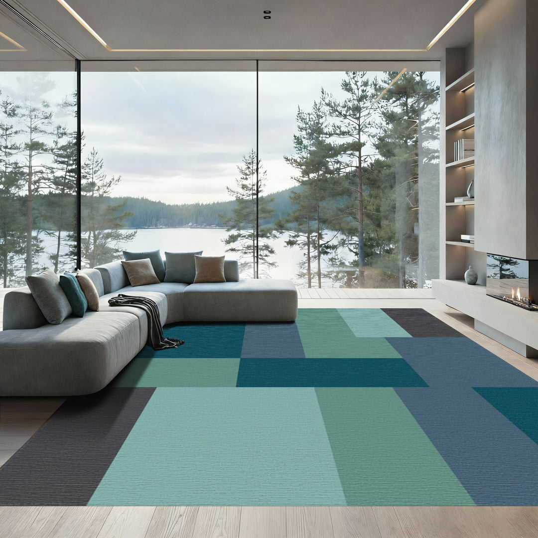 Serene Teal Slate Geometric Blocks Rug